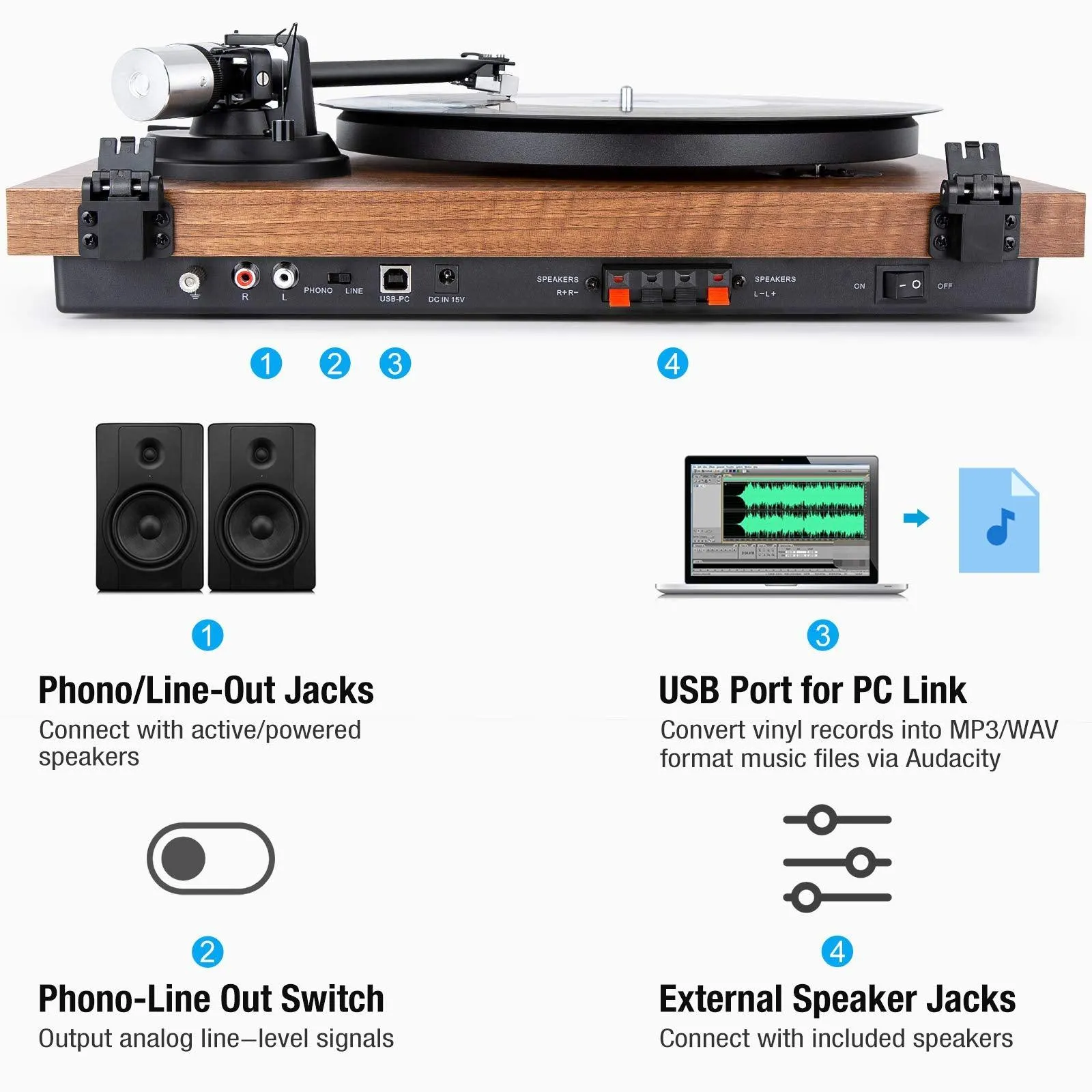 1 BY ONE Record Player Wireless Turntable HiFi System 36 Watt.