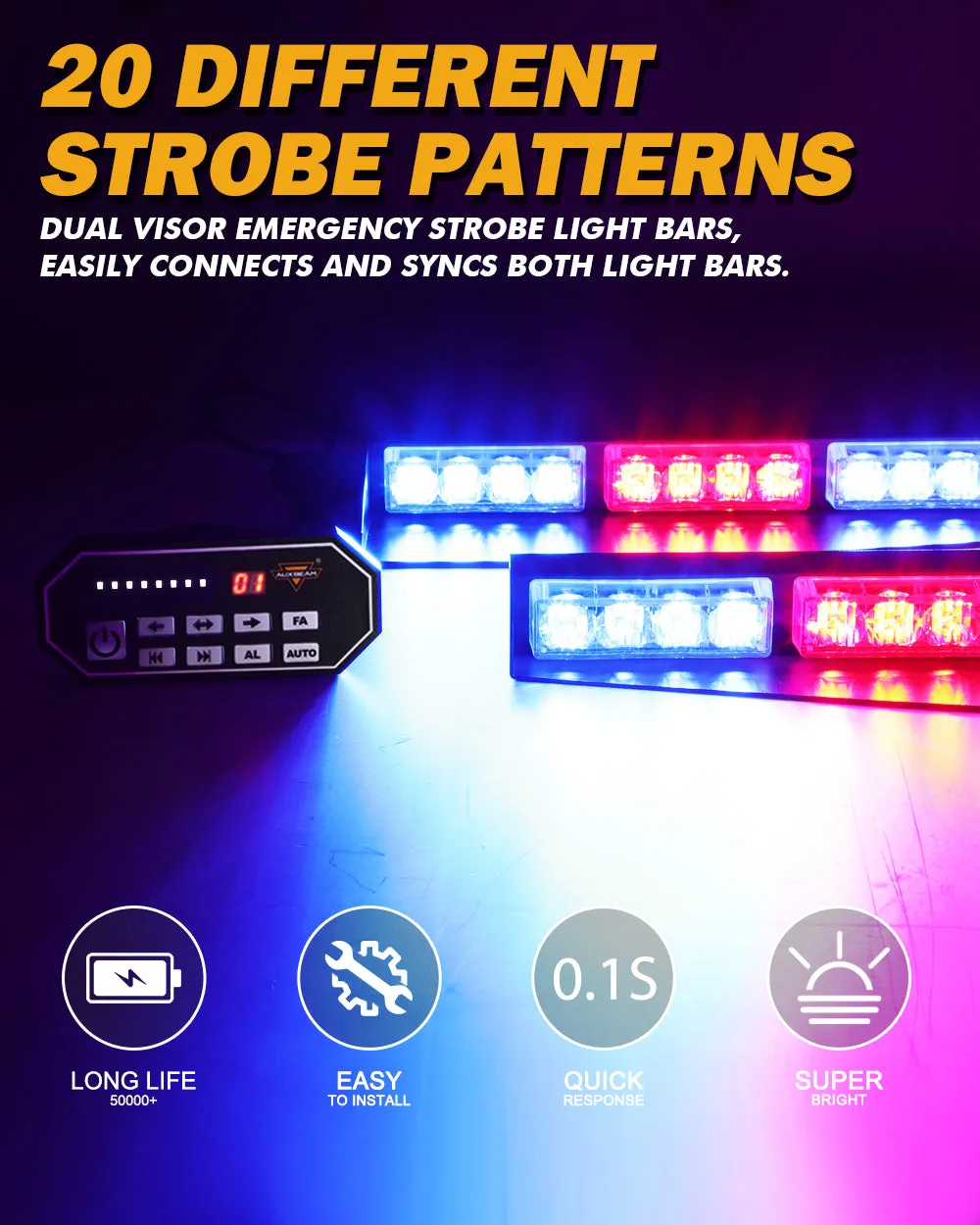 17 Inch Dual Visor Blue&Red Strobe Light Bar 20 Flashing Patterns with Controller Switch Panel for Vehicles Trucks SUV ATV Car