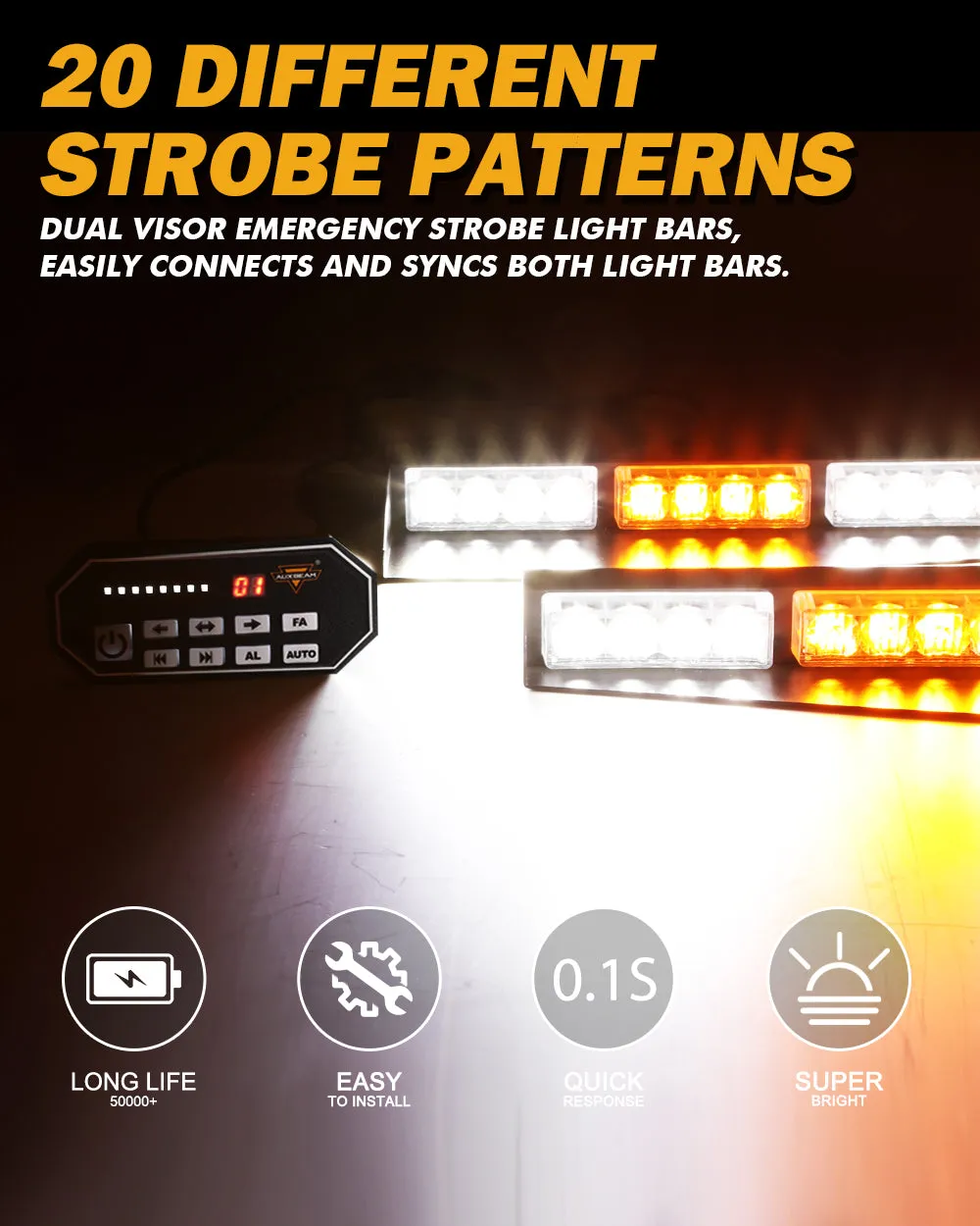 17 Inch Dual Visor White&Amber Strobe Light Bar 20 Flashing Patterns with Controller Switch Panel for Vehicles Trucks SUV ATV Car