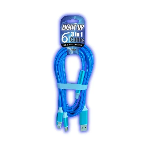 6 foot 3-in-1 Light Up Cable - Pack of 12