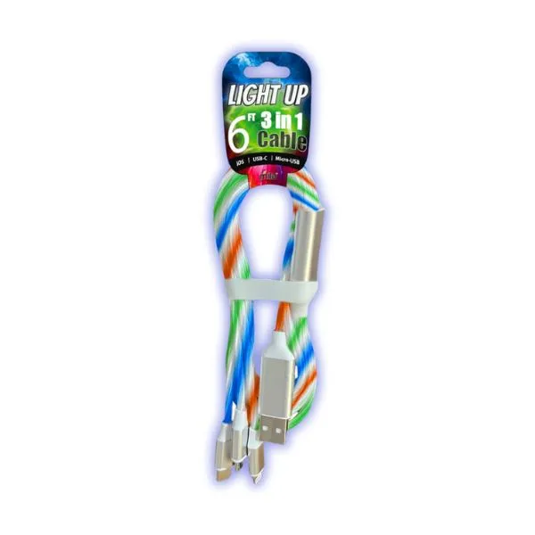 6 foot 3-in-1 Light Up Cable - Pack of 12