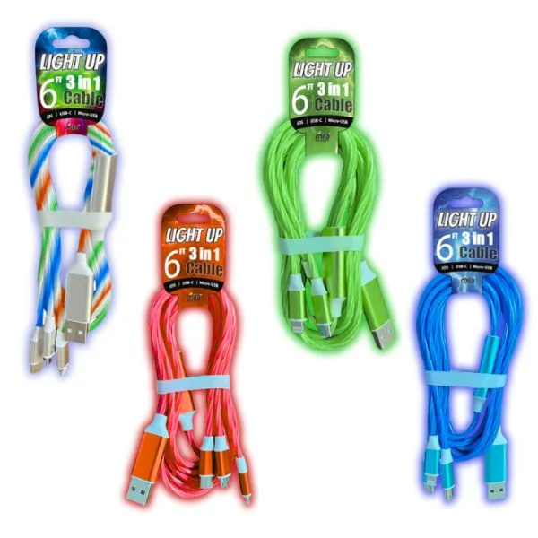 6 foot 3-in-1 Light Up Cable - Pack of 12