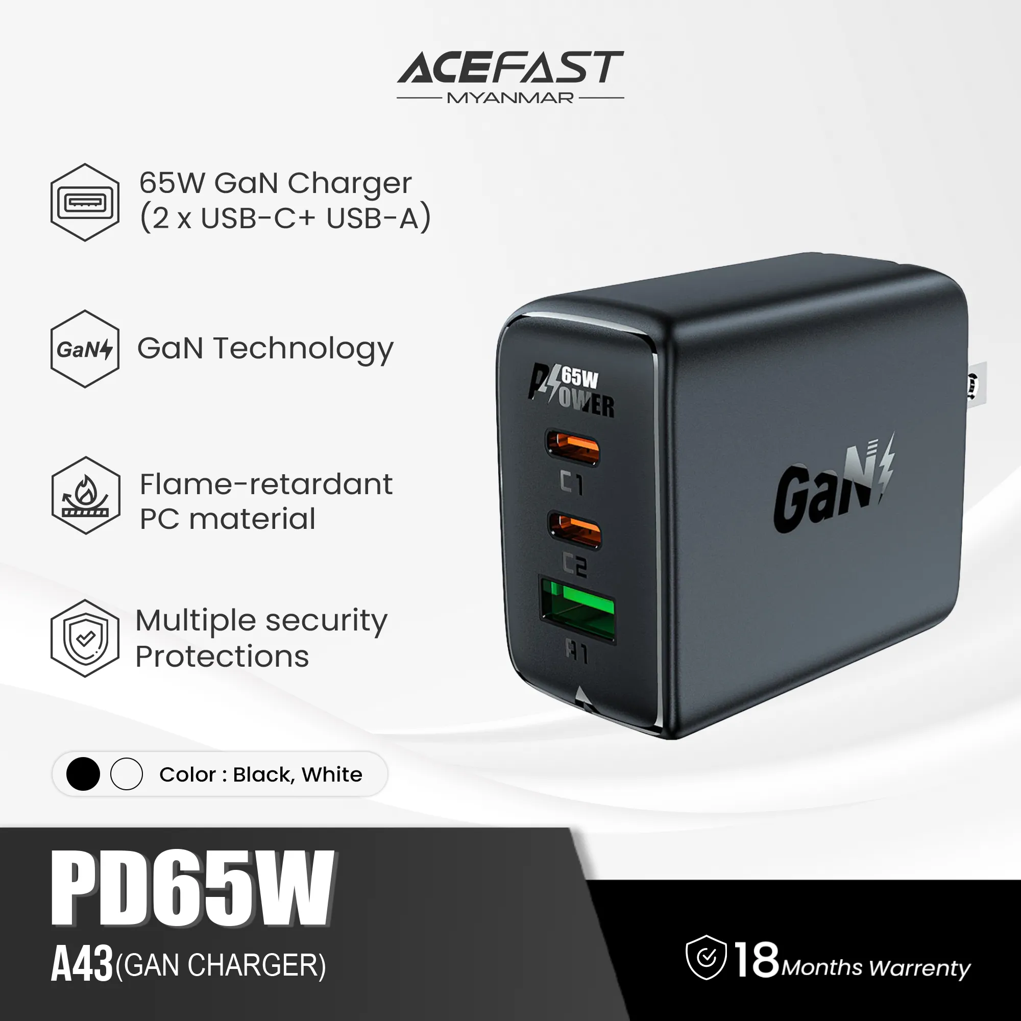 ACEFAST A43 PD65W (2*USB-C USB-A) GAN CHARGER - BLACK