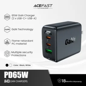 ACEFAST A43 PD65W (2*USB-C USB-A) GAN CHARGER - WHITE