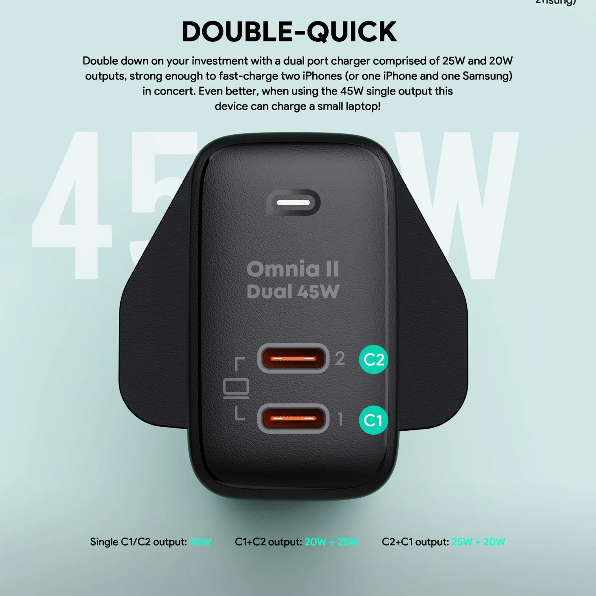 Aukey PA-B4T Omnia ll Dual-Port USB-C 45W PD Wall Charger with GaN Power Technology