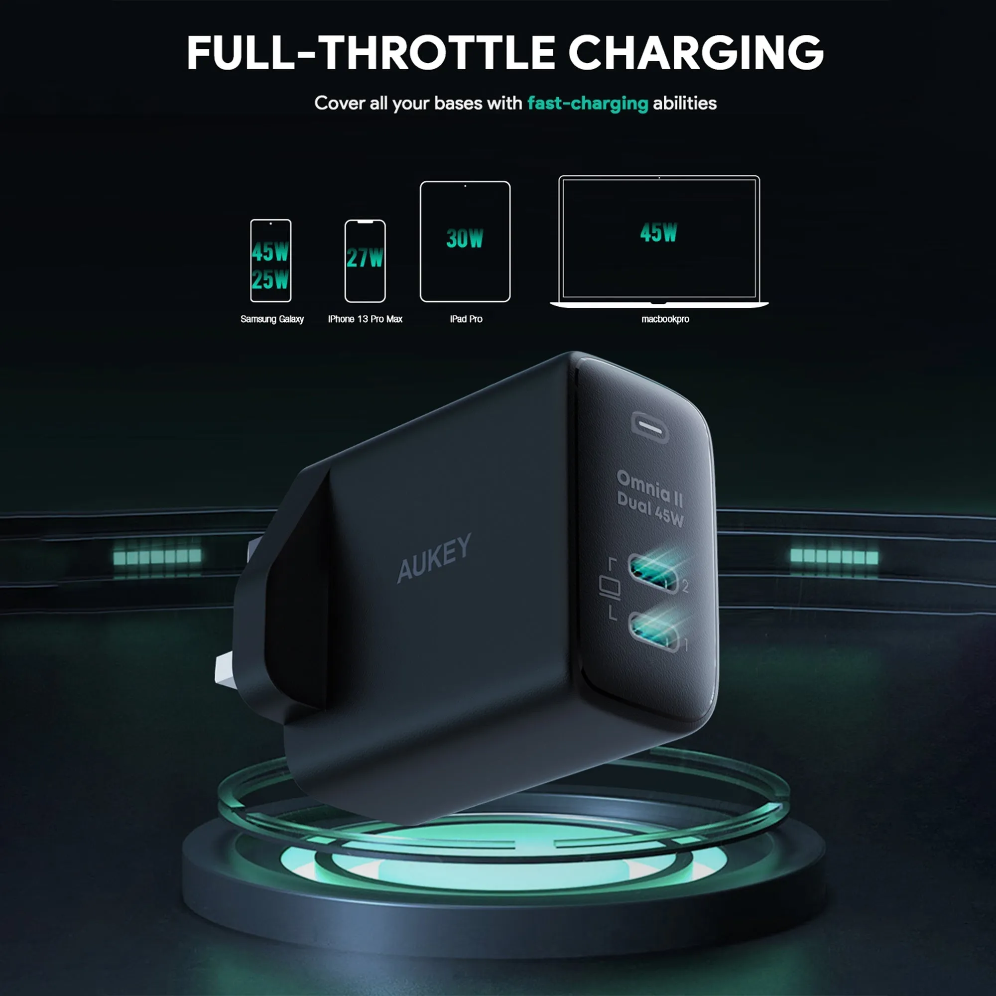 Aukey PA-B4T Omnia ll Dual-Port USB-C 45W PD Wall Charger with GaN Power Technology