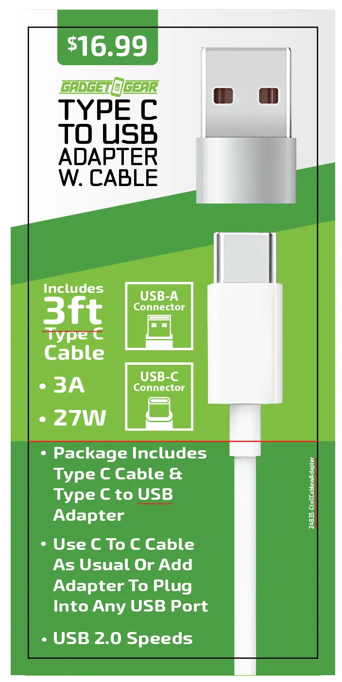 Charging Cable USB-C to USB-C with USB Adapter 3FT 3 Amp - 6 Pieces Per Retail Ready Display 24835