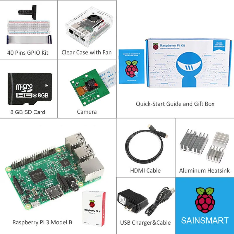 [Discontinued] Raspberry Pi 3 Camera Kit - Clear Case Cooling Fan SD Card Breadboard HDMI GPIO