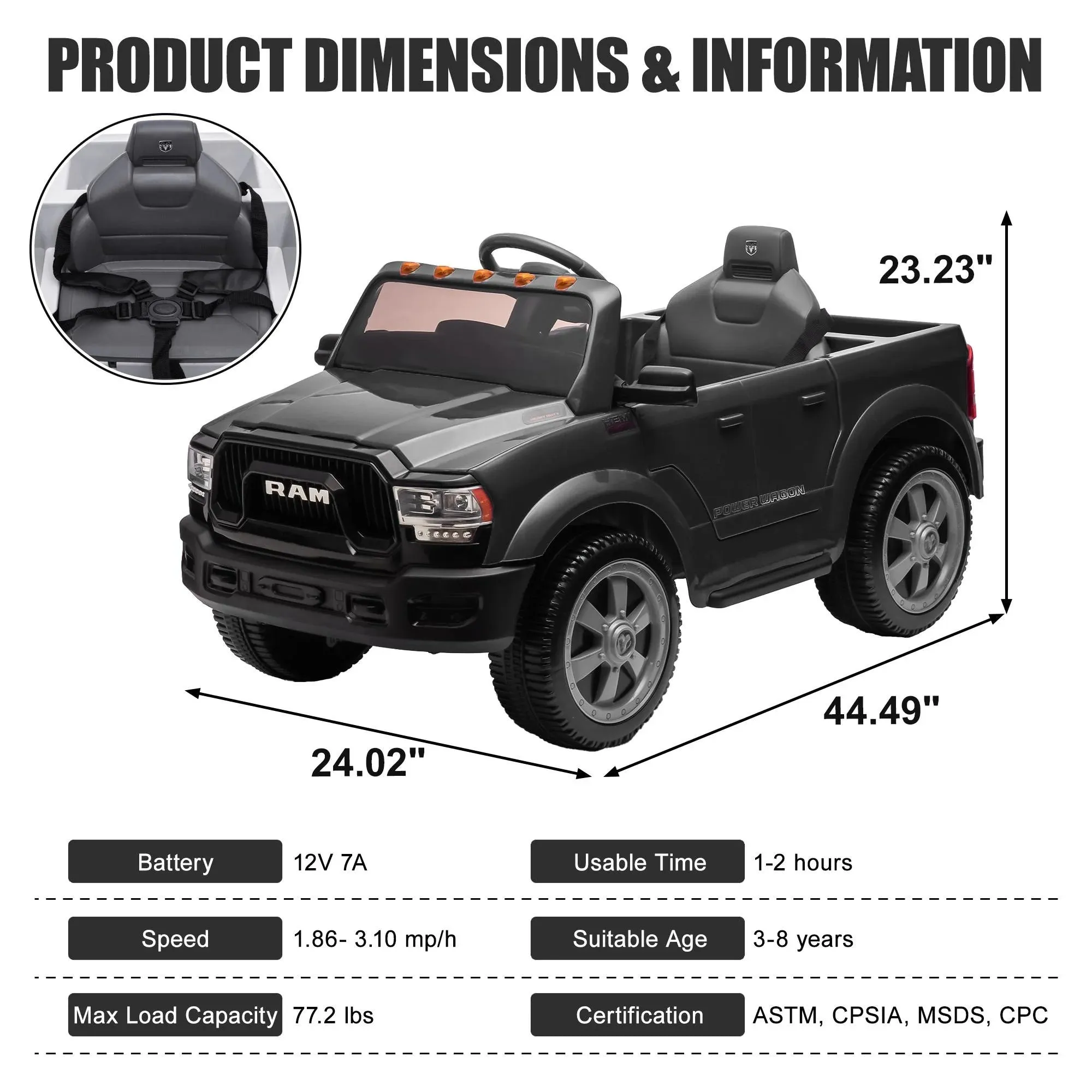 Dodge RAM Ride on Car, 12V Powered Ride on Toy with Remote Control, Rear Wheel Suspension, 5 Point Safety Belt, MP3 Player, Bluetooth, LED Lights, Electric Vehicles for 3-8 Years Boys Girls, Red