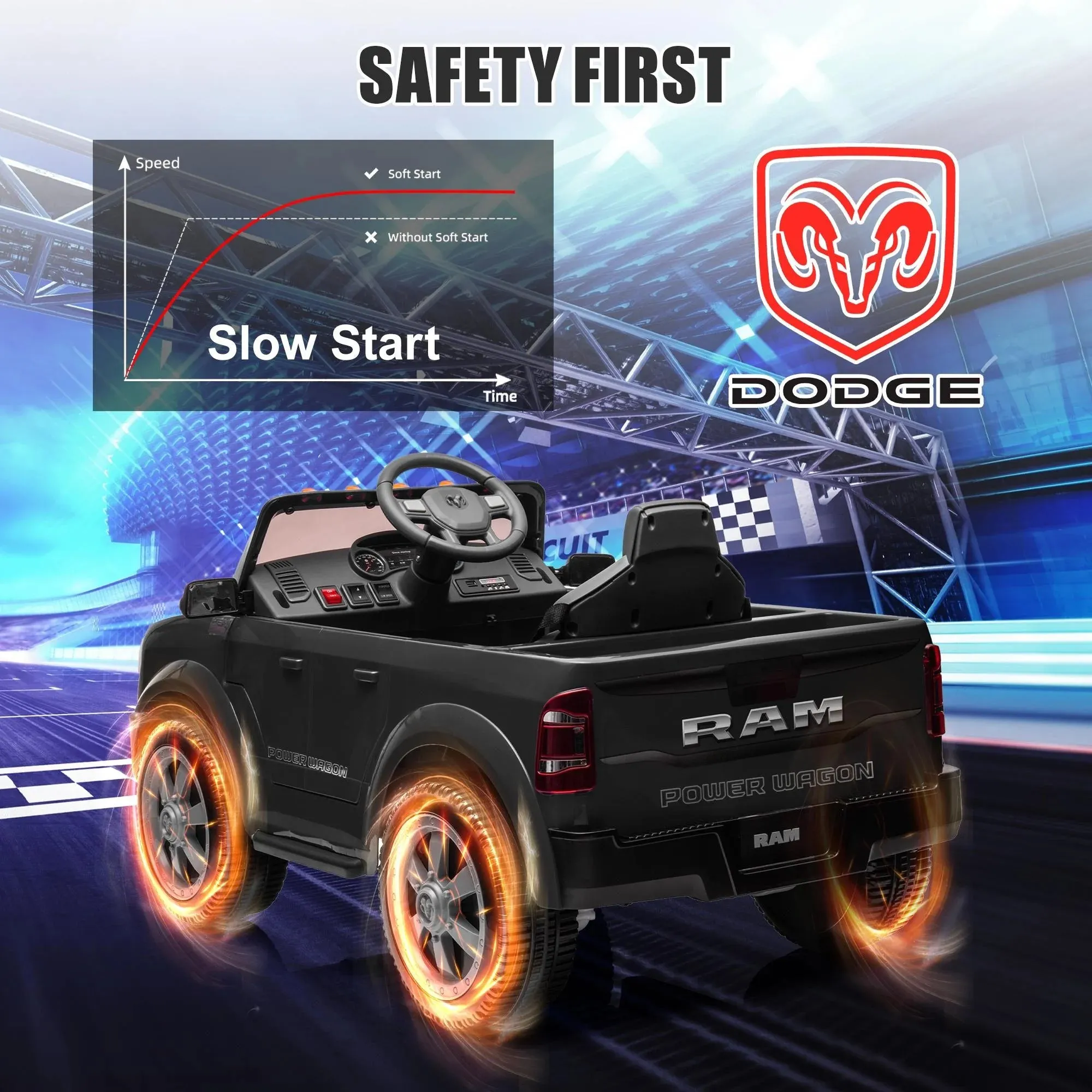 Dodge RAM Ride on Car, 12V Powered Ride on Toy with Remote Control, Rear Wheel Suspension, 5 Point Safety Belt, MP3 Player, Bluetooth, LED Lights, Electric Vehicles for 3-8 Years Boys Girls, Red