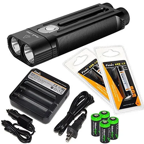 FENIX LD50 1800 Lumen Dual CREE XM-L2 LED slim Flashlight with 2 x Fenix ARB-L2 2600mAh Li-ion rechargeable batteries, 4 X EdisonBright CR123A Lithium batteries, Fenix ARE-C1 18650 batery charger, in-car Charger adapter package