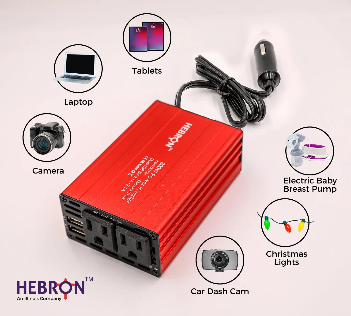 Hebron 300W Car Power Inverter - Portable 12V DC to 110V AC Charger