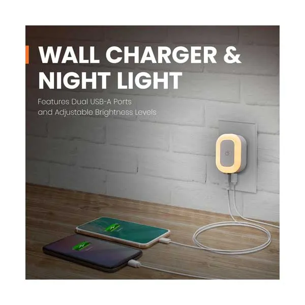 Helix ETHCHGWNL Dual Port USB-A PowerLED Wall Charger with Built-In Touch Activated Night Light