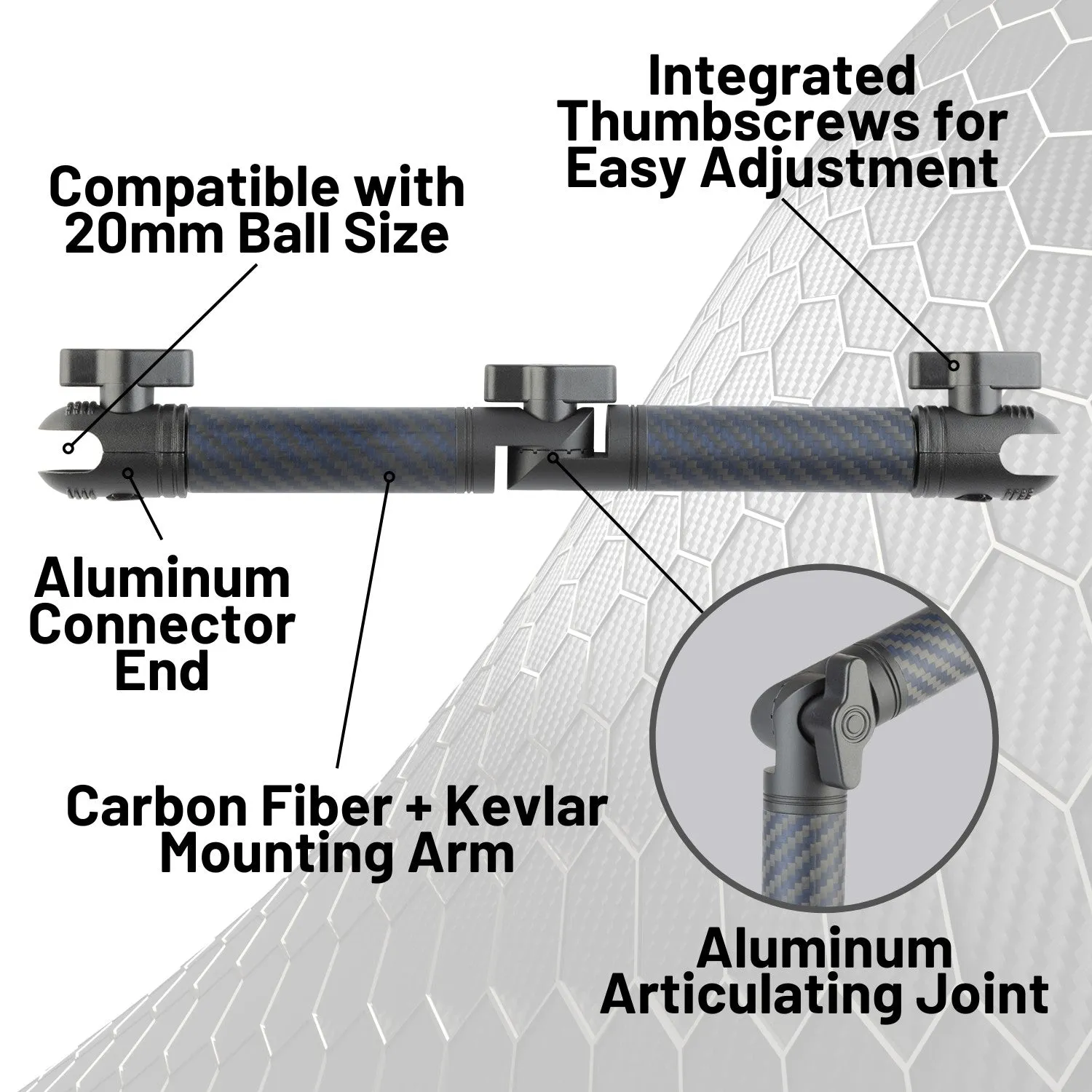 Locking Adjustable Carbon Fiber   Kevlar Mounting Arms with Articulating Joint (various sizes)