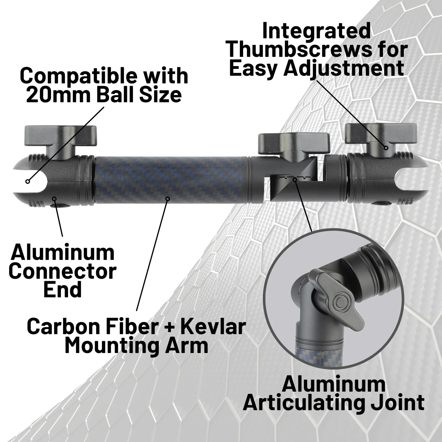 Locking Adjustable Carbon Fiber   Kevlar Mounting Arms with Articulating Joint (various sizes)