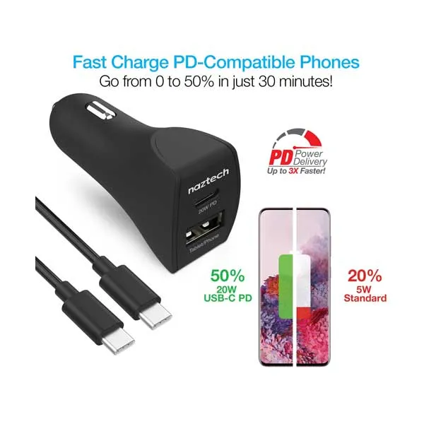 naztech 15398 20W USB-C PD   12W USB Fast Car Charger with 4ft Black Male to Male USB-C Cable