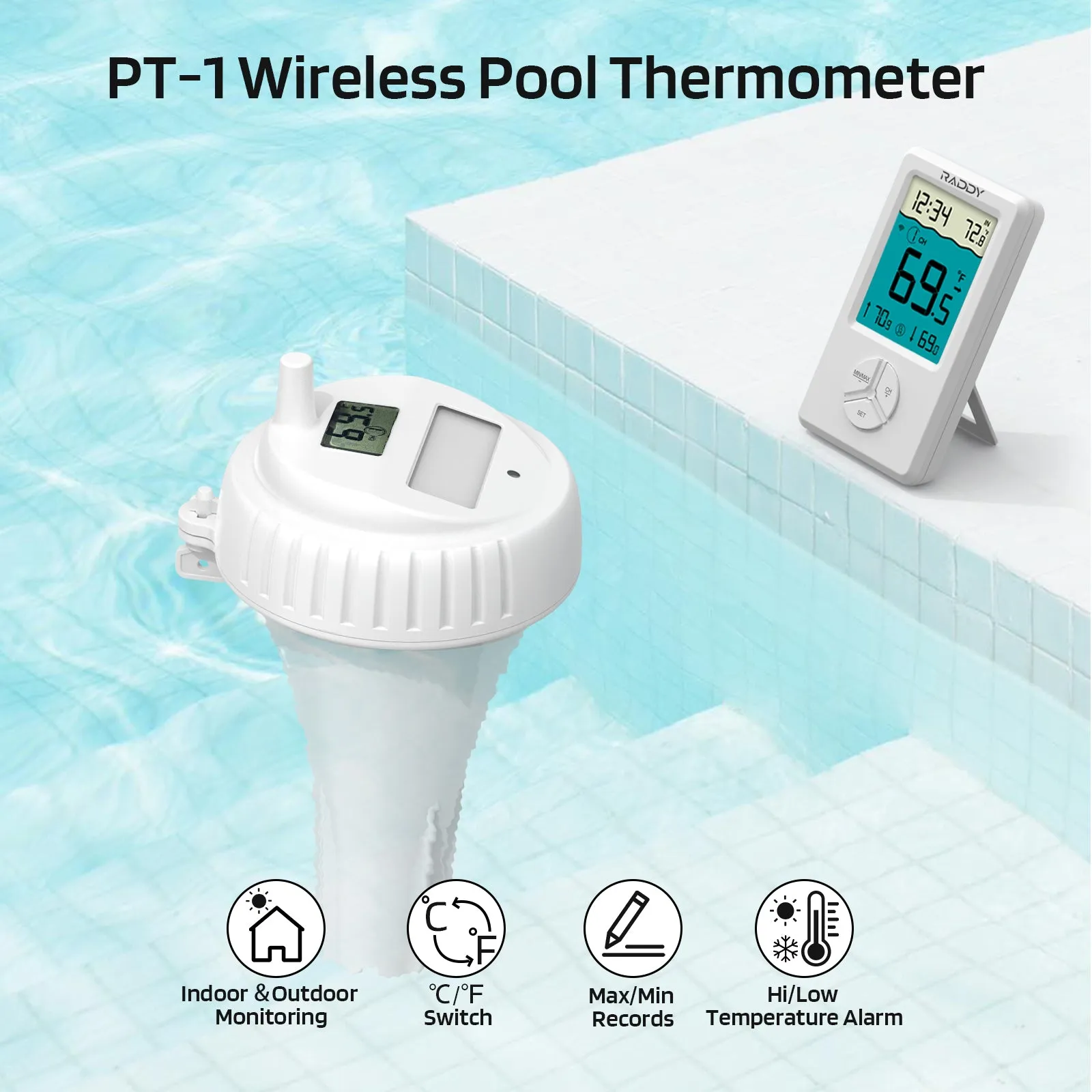 Raddy PT-1 Wireless Water Thermometer | Digital Screen | IPX7 Waterproof | for Pools Hot Tubs Pond Bath