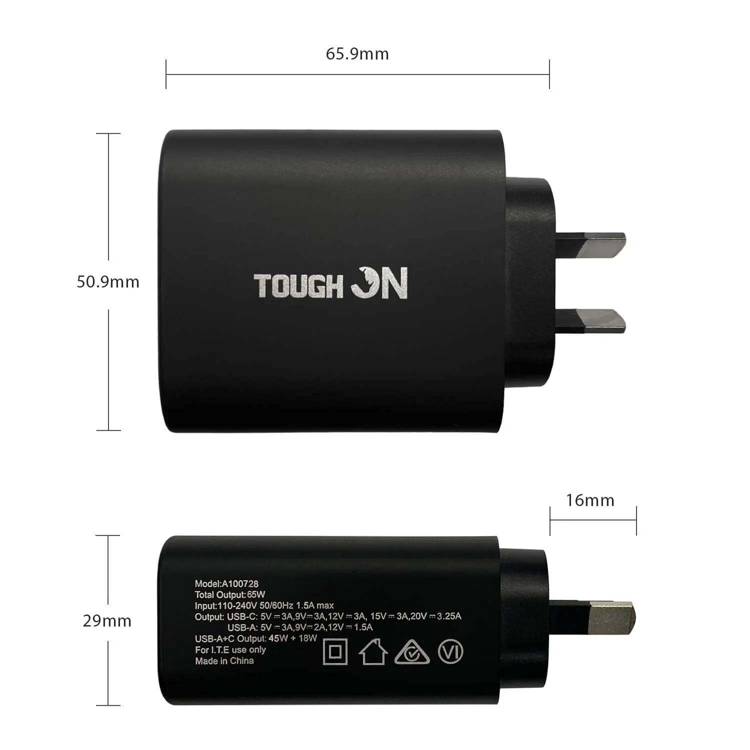 Tough on 65W Dual Port PD & QC 3.0 Fast Wall Charger